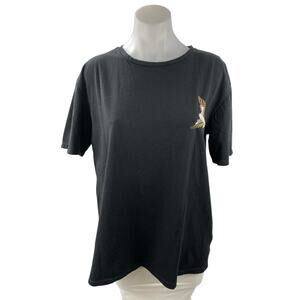 Le31 Simons Womens Black Sequin Bird Embroidered Crewneck T Shirt Tee Top Size L